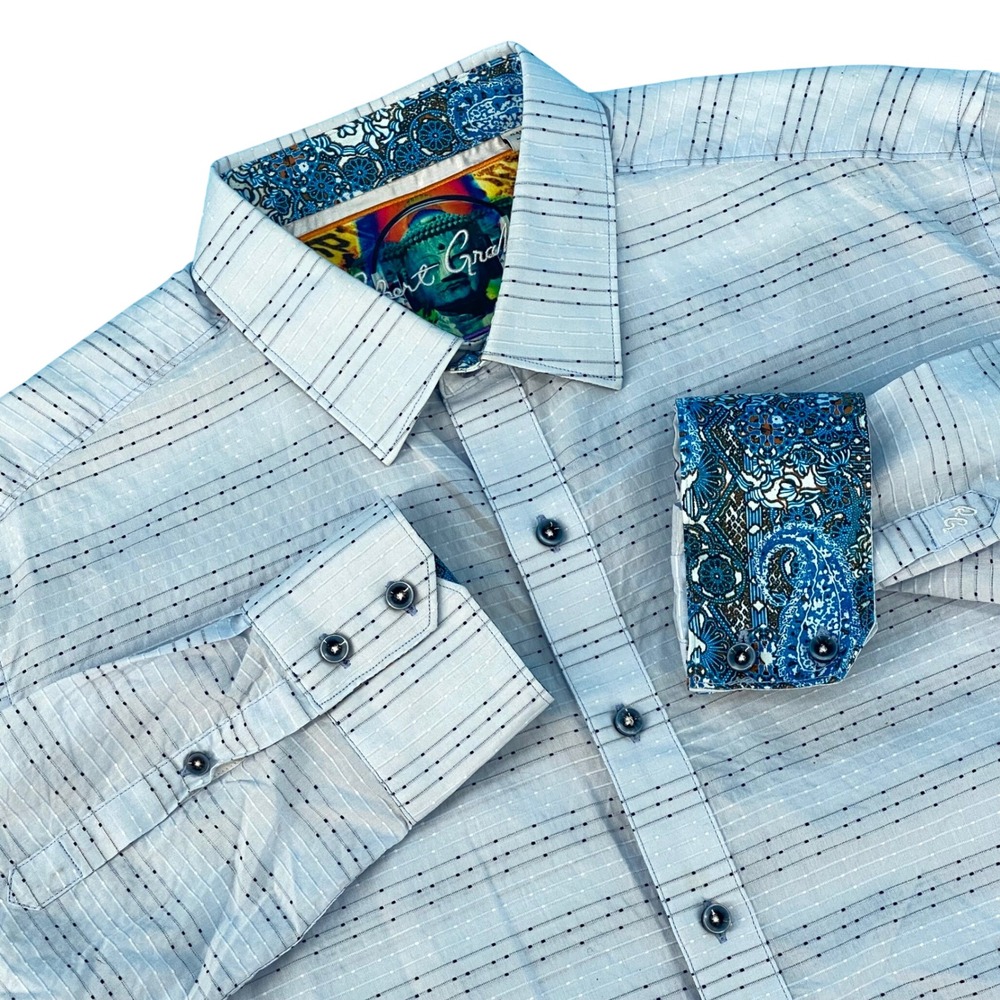 Robert Graham Mens Large Classic Fit Light Blue Dobby Stripe Buddha Shirt